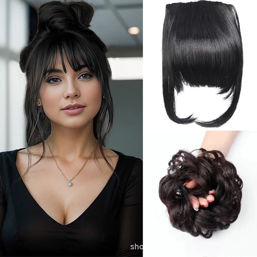 Front Bangs + Hair Bun (Pack of 2) - Fringe Hair Bangs for Forehead & Hair Bun for Messy Hairstyle
