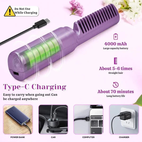 RECHARGEABLE Mini Hair Straightener Hot Comb - Charge Once and Use Anytime